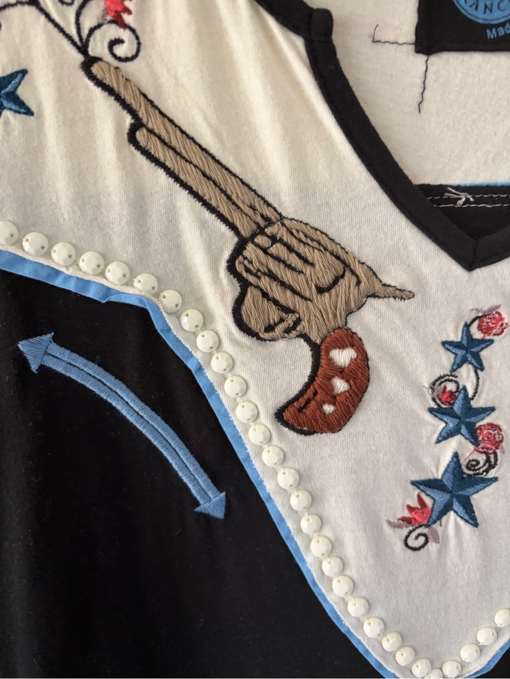 DDR Western Embroidered Black & Cream Short Sleeve Women's Top Saturday Night Sp - Picture 2 of 8